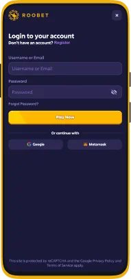 Screenshot of login to the Roobet app