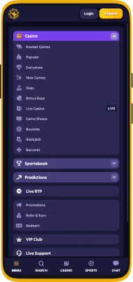 Screenshot of the Roobet application menu