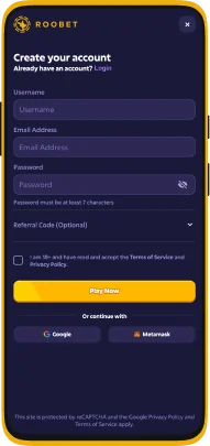 Screenshot of registration in the Roobet application